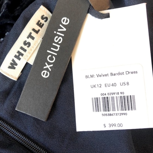 NWT WHISTLES Bardot Crushed Velvet Midi Dress Cold-Shoulder Navy 8 MSRP $400 - Picture 8 of 9